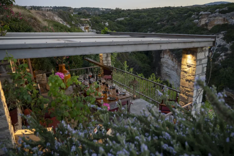 Cretan herbs with wine tasting table with traditional food on the background.