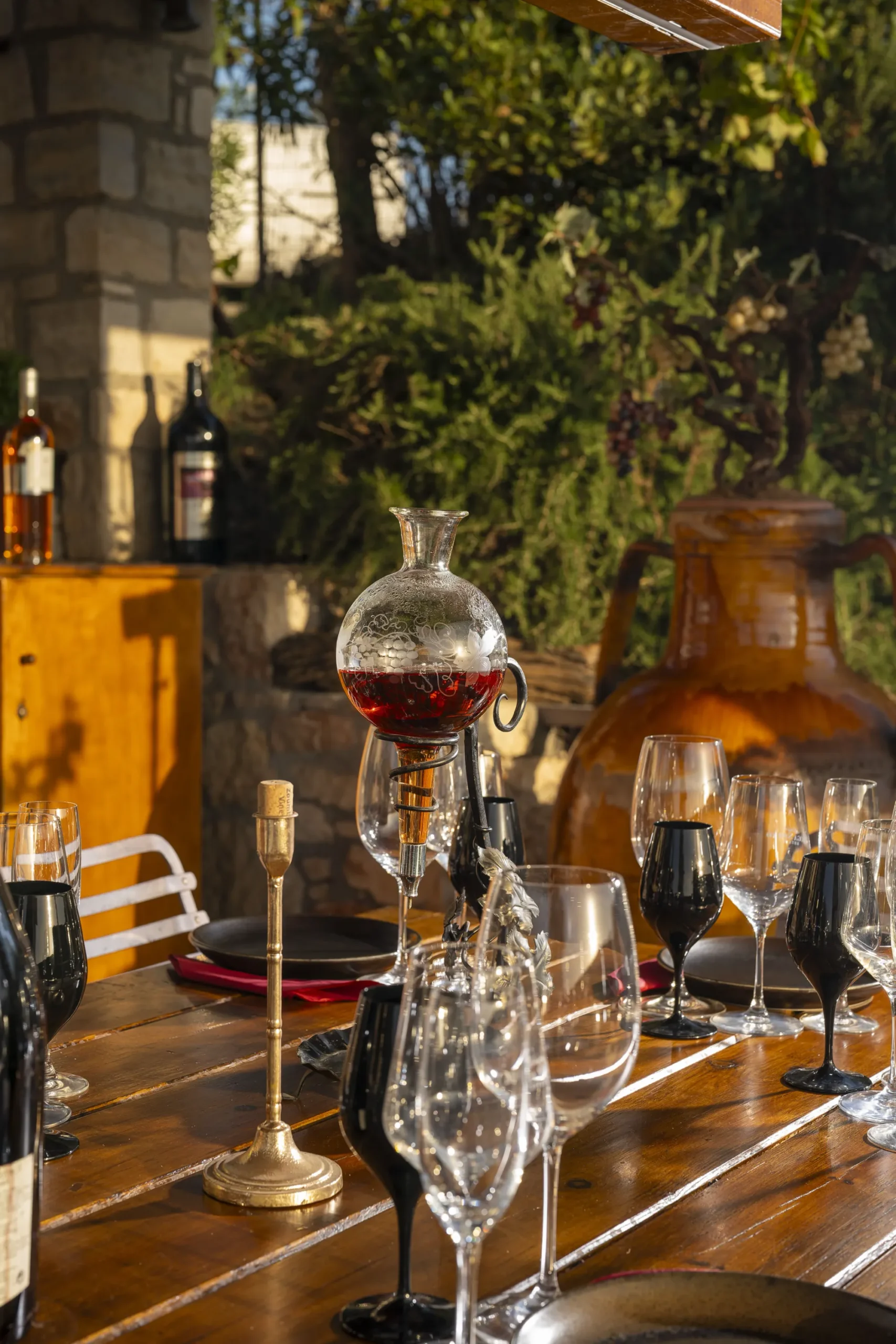 Wine accessory filled with Cretan red wine.