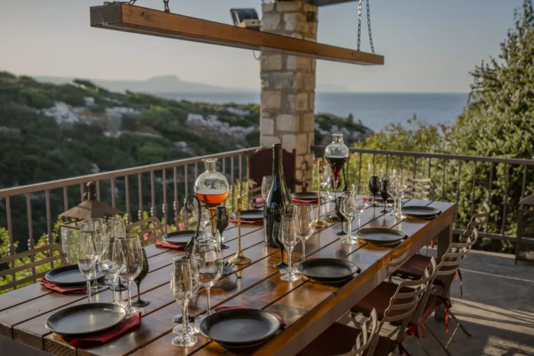 Restaurant balcony with glasses, bottle and a wine accessory on the table, offering a view of the sea and gorge in Crete.