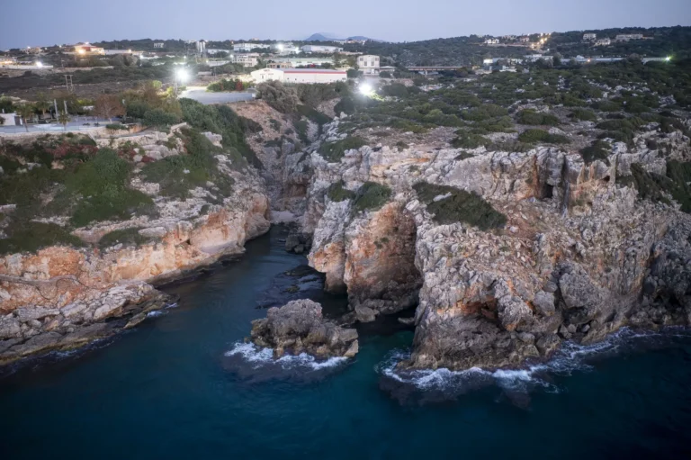 Panoramic shot of Zourida gorge in Rethymno with sea at the bottom.